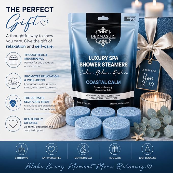 Shower Steamers Aromatherapy, Essential Oil Pods Infused for Relaxation, Shower Pods Aromatherapy - Calming, Stress Relief & Self Care Gifts for Women - Coastal Calm