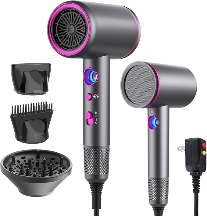 Fast-Drying Ionic Hair Dryer,1875 Watt High-Speed Ionic Blow Dryer with Diffuser/Concentrator/Comb Nozzle,LED Temp Display,Intelligent Temp Control,Low Noise for Home Salon Travel (Silvery)