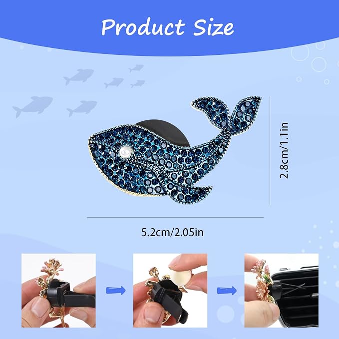 ORIESSE Beach Car Decor,Bling Whale Car Air Freshener Vent Clips,Glamour Dark Blue Cetacean Ocean Themed Vehicle Dashboard Accessories,Refillable Diffuser