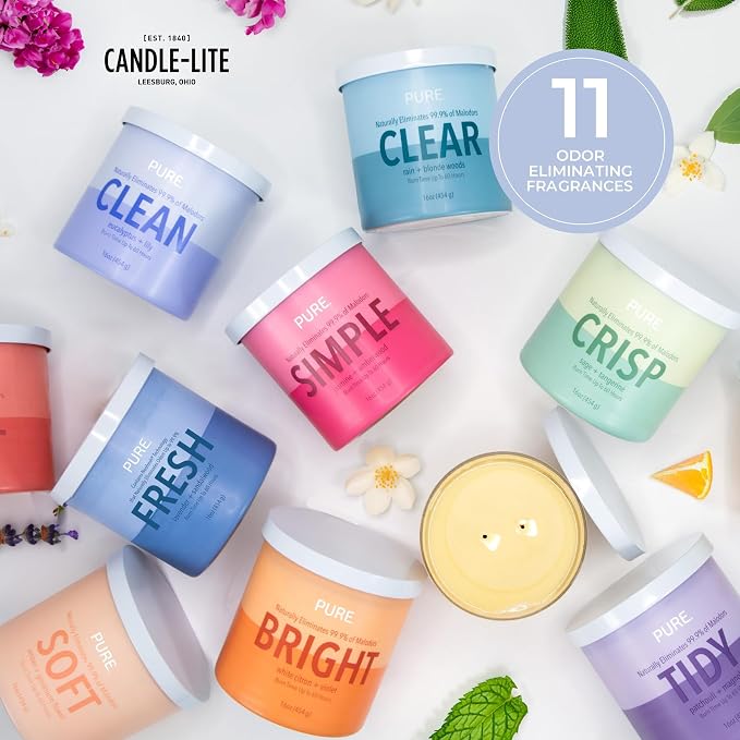 Candle-Lite Pure Eucalyptus & Lily Odor Eliminating Scented Candles, Neofresh Technology Eliminates 99.9% of Odors, 16 oz 2-Wick Jar, Proudly Poured in The USA, Up to 60 Hours Burn Time