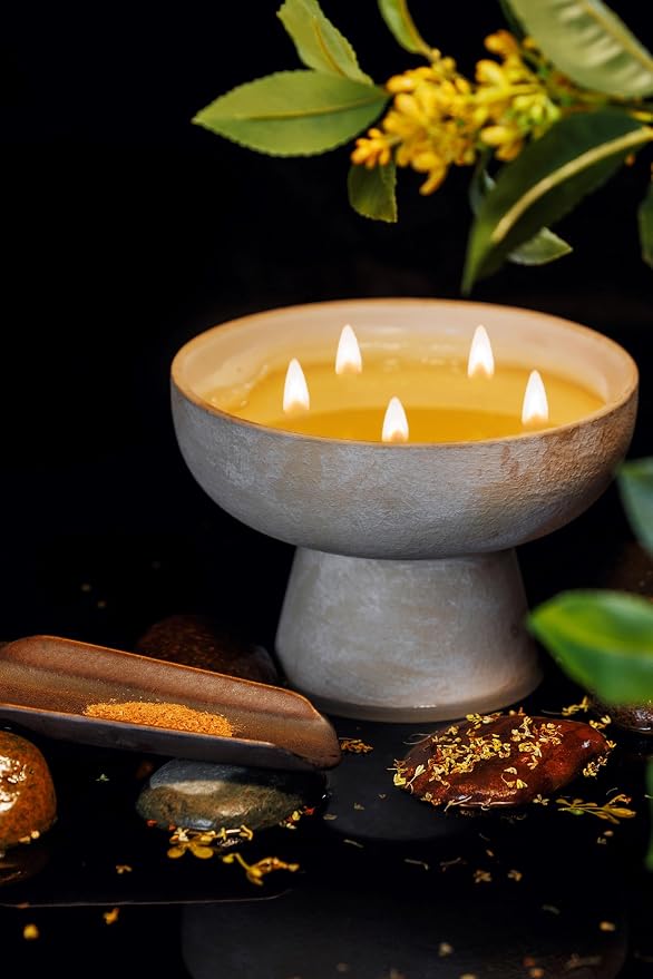 Blueme Calm Candle | Osmanthus & Sandalwood | 5 Wick - Refillable Wellness Candle with Essential Oils, Hand Finished & Poured Soy Wax Blend Ceramic Vessel, Natural Cotton Wicks | Large 24 oz