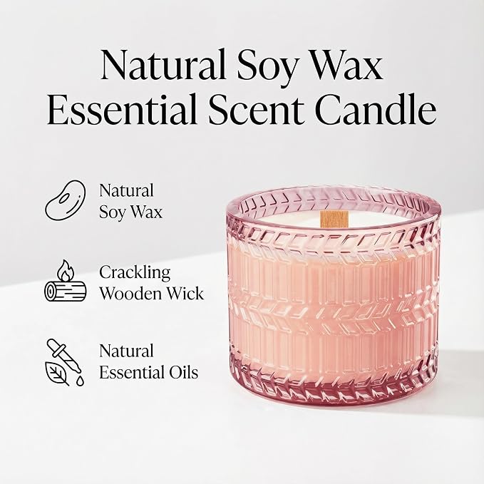 Hidden Label Rose Sandalwood Candle, 7.4oz Wood Wick, Pink Jar | 55H Burn | Crackling Wood Wick | Non-Toxic Soy Wax | Romantic Pink Decor & Gift