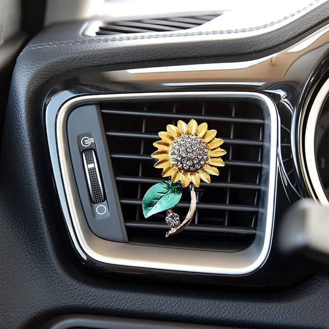 2 Pieces Sunflower Air Vent Clips Bling Flower Car Accessories Cute Car Air Freshener Rhinestone Sun flower Gift Decorations Charm Car Clip Interior Air Vent Decor