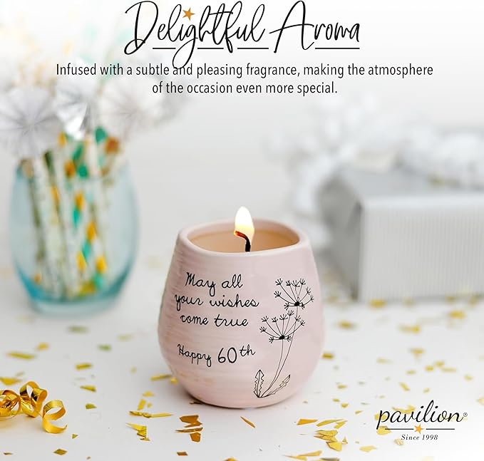 Pavilion - 8 Oz Candle Holder - Pink Ceramic Candle Jar with 100% Soy Wax Candle Serenity Scent "May all your wishes come true Happy 60th" Ideal Gift for Loved Ones - Printed Text, Love Theme & Oval