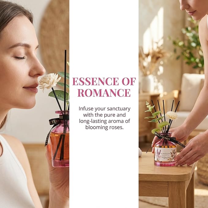 Reed Diffuser, Rose, 7.78 fl oz, Oil-Based Alcohol-Free Flameless Fragrance for Home Decor