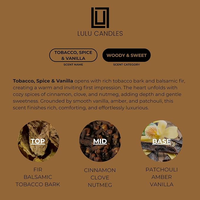 Lulu Candles | Reed Diffuser Set | Tobacco, Spice & Vanilla | 6 Reed Sticks | Scent Diffuser for Bedroom Bathroom Living Room & Office (4.2 FL Oz.)