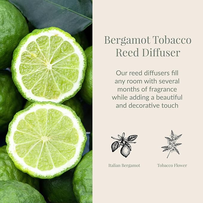 Archipelago Botanicals Bergamot Tobacco Reed Diffuser, Home Fragrance Reed Diffuser, Includes Fragrance Oil, Decorative Wooden Cap & 10 Diffuser Reeds, Perfect for Home, Office or Gift, 7.85 fl oz