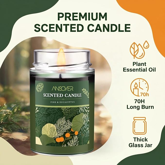 Scented Soy Candle, Aromatherapy Jar Candles for Home Scented, Long Lasting with 70 Hour Burn Time 11oz, Gifts, Soy Candles Scents of (Pine & Eucalyptus)