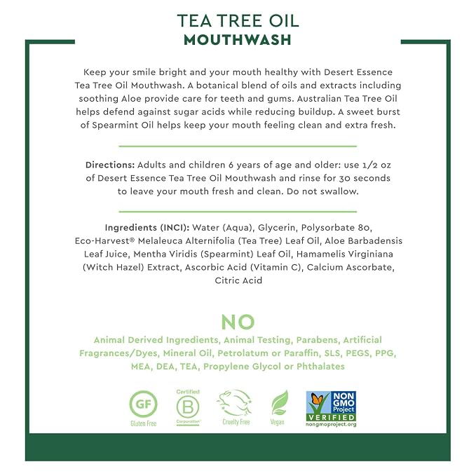Desert Essence Tea Tree Oil Mouthwash, Spearmint, 16 fl oz - Alcohol Free, Sugar Free, Gluten Free, Vegan, Cruelty Free, Non-GMO - Aloe, Vitamin C & Spearmint Essential Oil - Healthy Teeth & Gums