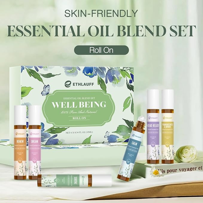 Essential Oils Roll On Set 12 Pack -(Calm, Renew, Soothe, Dream, Head Ease, Frankincense & Myrrh) Relaxation Self Care Gifts,Aromatherapy Oil with Roller Ball - Stress Relief Gifts for Women and Men