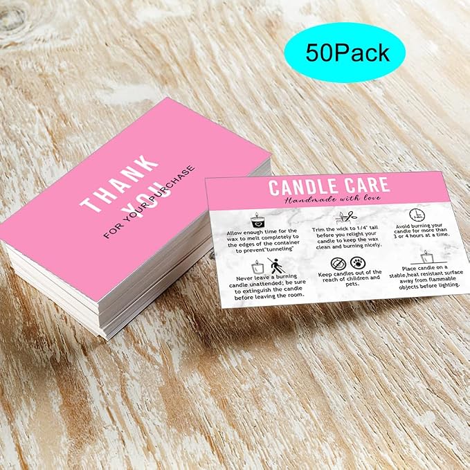 Handmade Candle Care Instruction Card, Card, for Makers Soy Bees Wax Coconut Essential Oils Black with White, 50 Pack 3.5 x 2 inches (Pink)