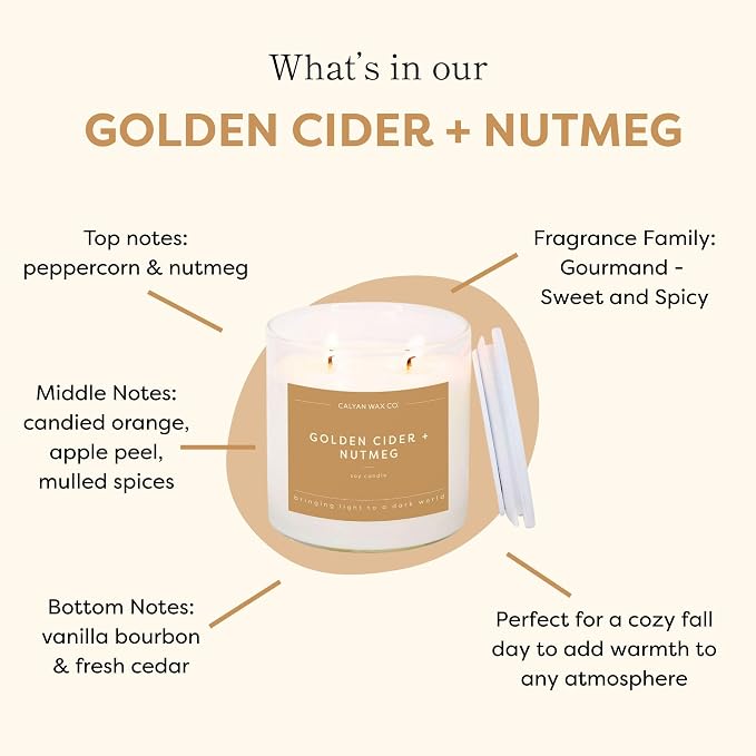 Calyan Wax Co. Golden Cider & Nutmeg 2 Wick Scented Candle - 37 Hour Burn - Luxury Clean Soy Wax Candles - Long Lasting Large Glass Jar Candle for Home - 8.8oz