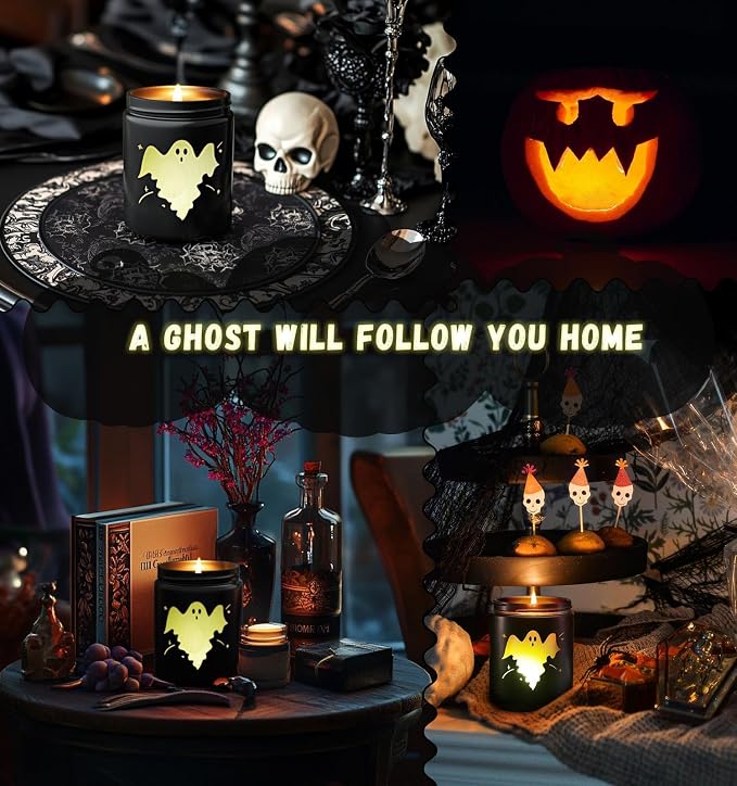 Halloween Decor Indoor-Halloween Gifts Candles for Women with LED Ghost, Ghost Candle with Mint & Musk Scent Over 40 Hours of Burn Time, Gift for Holiday, Home Fall Decorations Indoor, 100% Soy Wax