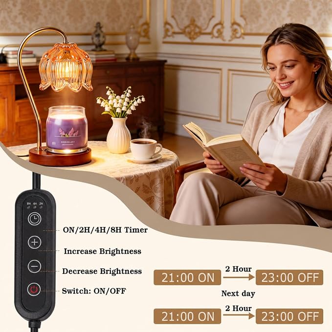 Funistree Flower Candle Warmer Lamp with Timer, Dimmable Candle Lamp Warmer, Christmas Birthday Gifts for Women Mom Her, Housewarming Home Decor, Lotus Wax Warmer for Yankee Candles - Lily Amber