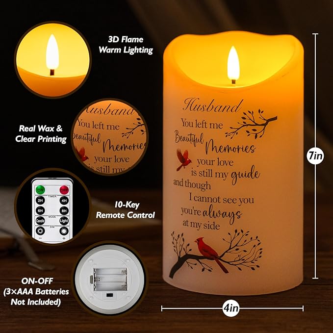 Flameless Memorial Candle for Loss of Husband, Real Wax LED Light with Remote Sympathy Bereavement Gifts for Loss of Loved One Memorial Gifts for Loss of Husband Remembrance Gifts (4" x 7")