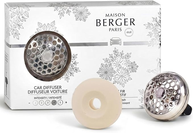 MAISON BERGER Car Diffuser Set, Festive Fir | Pine Eucalyptus Cedarwood Notes, Refillable Vent Clip with Ceramic Refill, Passive 4-Week Diffusion, Made in France