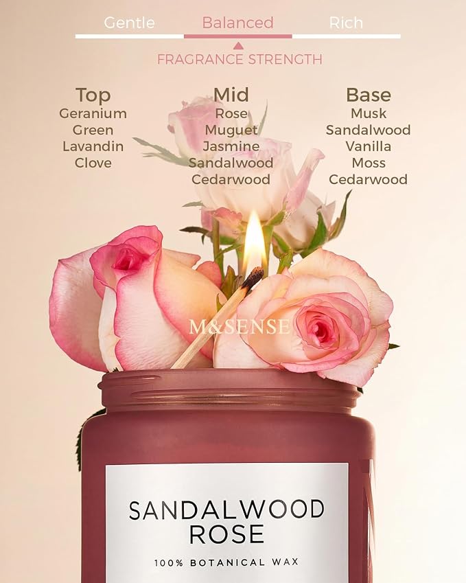 M&SENSE Sandalwood Rose Scented Candle 19.4oz 110 Hours Long Lasting Burn Natural Soy Wax Strong Scented Candle for Home, 2 Wick Home Fragrance Slow Burning Housewarming Gifts for Men Women