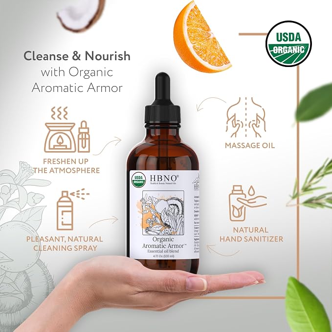 HBNO Organic Aromatic Armor Blend (Comparable to Thieves) - 4 oz (120ml) Value Size - Natural Essential Oil Blend - Perfect for Cleaning, Aromatherapy, DIY, Soap and Diffuser