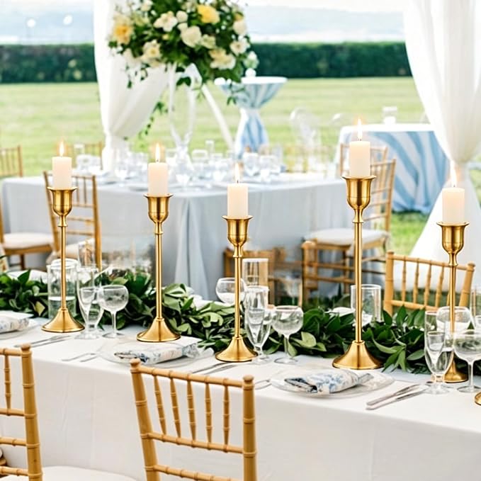 26 Pcs Brass Gold Taper Candle Holders Set, Vintage Metal Candlestick Holders Plus Candle Snuffer Brass Home Decor for Table Centerpiece,Wedding Reception,Festive Christmas Mantel Housewarming