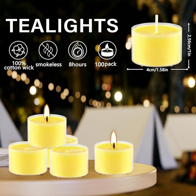Fclayvts 8-Hour 100 Pack Citronella Tealight Candles, Outdoor and Indoor Summer Scented Candle,Natural Soy Wax Candle for Home Patio Garden Yard Balcony,BBQ Birthday Emergency