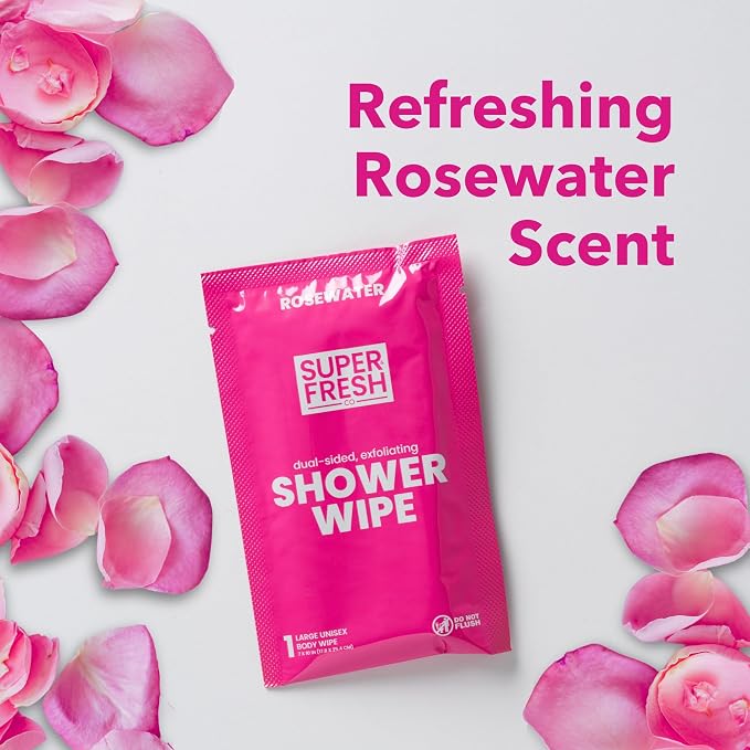 Super Fresh Shower Wipes Large Rosewater Body Wipes for No Rinse Bathing Personal Hygiene Gym Travel or Camping Enriched with Aloe and Vitamin E 50 Individually Wrapped Disposable Sheets