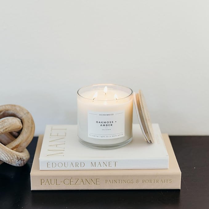 Calyan Wax Co. Oakmoss & Amber 3 Wick Scented Candle - 43 Hour Burn - Luxury 3 Wick Soy Candles - Clean Soy Wax Candles - Long Lasting Large Glass Jar Candle for Home - 14.9oz