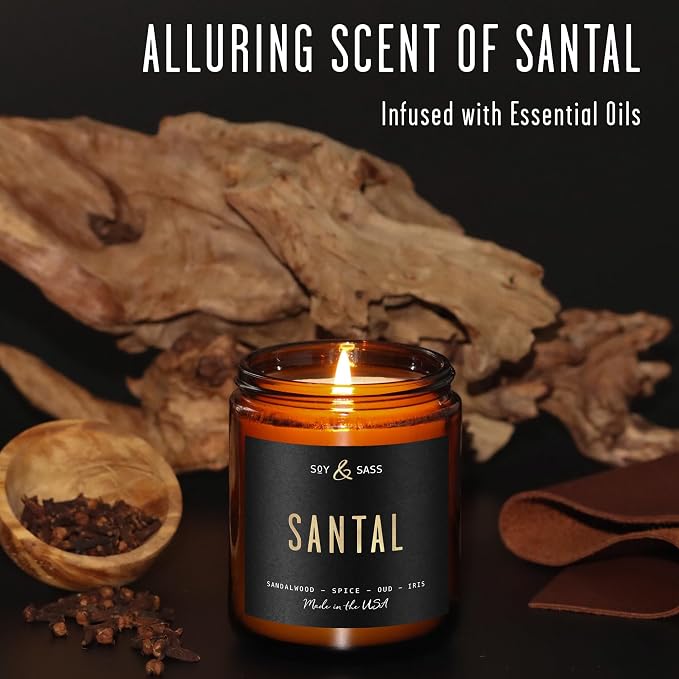 Santal Candle - Sandalwood Candles I Scented Black Candles for Men or Women - Sandalwood, Spices & Leather Soy Wax Mens Candle -Infused w/Essential Oils | Long 50Hr Burn, 9oz I Non Toxic I Made in USA