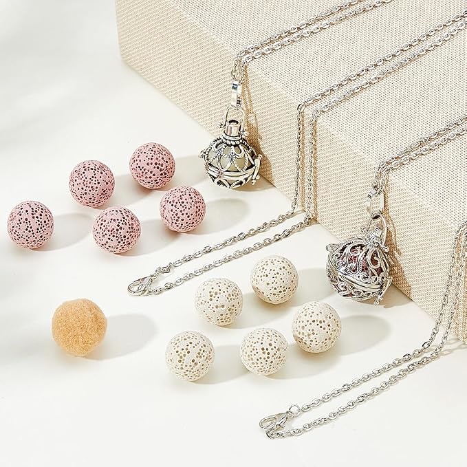 SUPERFINDINGS 2 Styles Aromatherapy Necklace Essential Oils Diffuser Locket Pendant with 12pcs Lava Rock Aromatherapy Pendant Diffuser Necklace Locket Necklaces Essential Oil Jewelry Gift