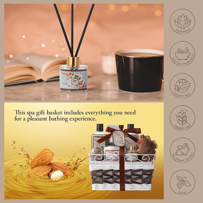 Coconut Almond Spa Gift Basket for Women & Men, Skin Care Set, Bath & Body | Self Care Pamper Kit, Home Spa Kit, Diffuser, Bath Bomb, Birthday, Christmas, Valentines, Mother Day, Father Day, Anniversary