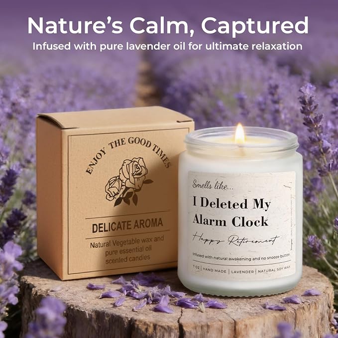 Retirement Gift for Woman, Men - Smells Like I Deleted My Alarm Clock - 7oz Lavender Scented Soy Wax Candle, Funny Retired Gifts for Women, Coworker, Boss, Teacher, Friend, Farewell Present
