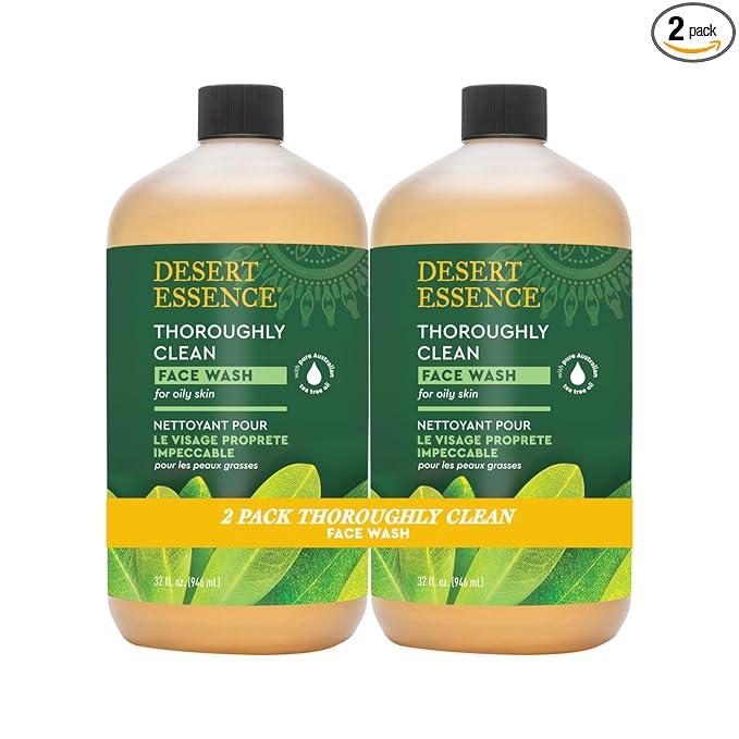 Desert Essence Thoroughly Clean Face Wash - Original - 32 Fl Oz - Pack of 2 -Tea Tree Oil -For Soft Radiant Skin - Gentle Cleanser - Extracts Of Goldenseal, Awapuhi, & Chamomile Essential Oils