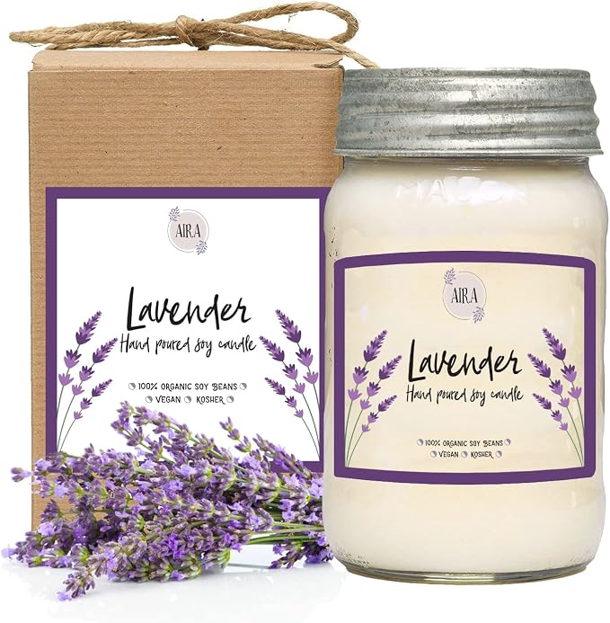 Aira Soy Candles - Organic, Kosher, Vegan, in Mason Jar w/Therapeutic Grade Essential Oil Blends - Hand-Poured 100% Soy Candle Wax - Paraffin Free, Burns 110+ Hours - Pure Lavender - 16 Ounces
