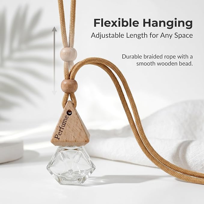 2-Pack Rhombus Refillable Hanging Car Diffuser Empty Glass Bottle | Wood cap hanging aroma pendant with dropper, holds essential oils for car home closet office