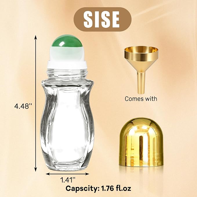 Green Aventurine Clear Roller Waisted Bottles for Essential Oils,50ml Refillable Clear Glass Roll On Bottles with Natural Crystal Roller Balls, Leak-Proof Travel Perfume Bottle with Gold Caps