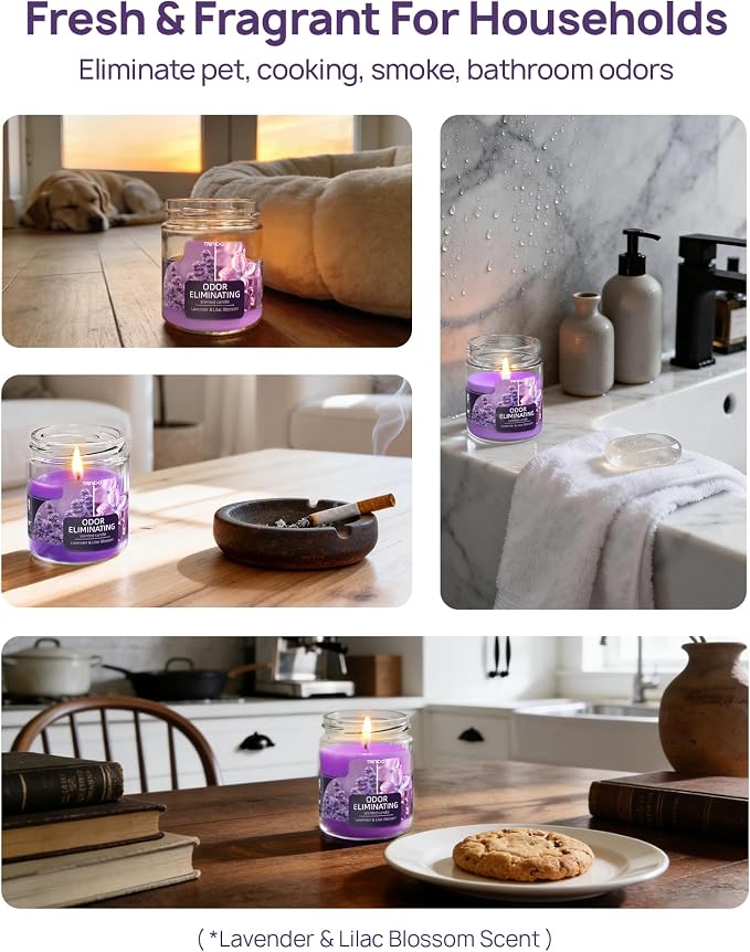 Lavender & Lilac Blossom Odor Eliminating Candles for Home Scented, Eliminates 99% of Pet, Smoke, Food and Other Smells Quickly, Highly Fragranced Candle, Premium Soy Candles Set for Women
