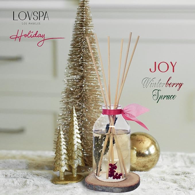 Joy Winterberry Spruce Reed Diffuser Set, Room Fragrance, Spa Scent | Evergreen, crisp berries, and subtle spices profile, bathroom decor, decorative glass bottle, home aroma, entryway