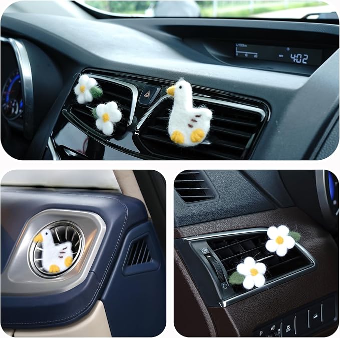 Wonhibo Duck & Floral Felt Vent Clips (3 Pack) - Refillable Car Air Freshener Decor with Cute Stuffed Designs