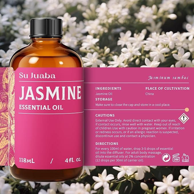 SU JUABA Jasmine Essential Oil 4 Oz, Aromatherapy Oil for Diffuser, Skin Care, Hair & Perfume Making - 118ML