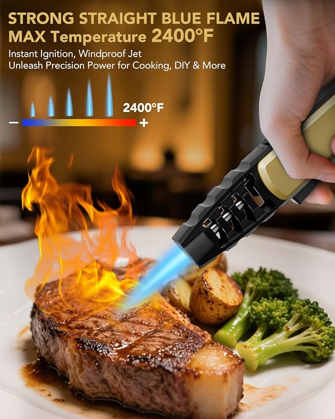 TBTeek Butane Torch Lighter 2 Pack, Adjustable Jet Flame Lighter, Refillable Blow Torch, Cooking Torch with Safety Lock for Kitchen, Baking, Candle, Camping, Gold(Gas Not Included)