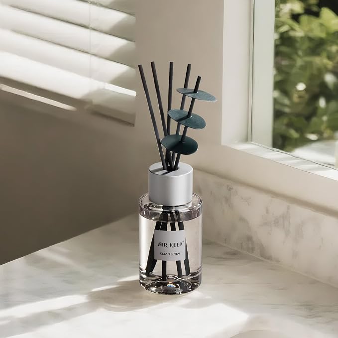 Airkeep Reed Diffuser/Grey Reed Diffuser Set/6.7 oz(200ml)/Clean Linen Oil Diffuser & Reed Diffuser Sticks/Home Decor & Office Decor, Fragrance and Gifts