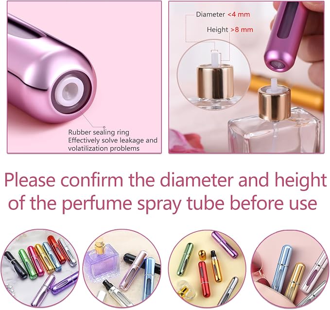 opasyo 4 Pcs Mini Perfume Atomizer Refillable Bottle, 5ml Portable Bottom Fill Scent Dispenser, Leak-Proof Cologne Travel Spray Pump for Purse & Luggage (Silver/Pink/Blue/Black)
