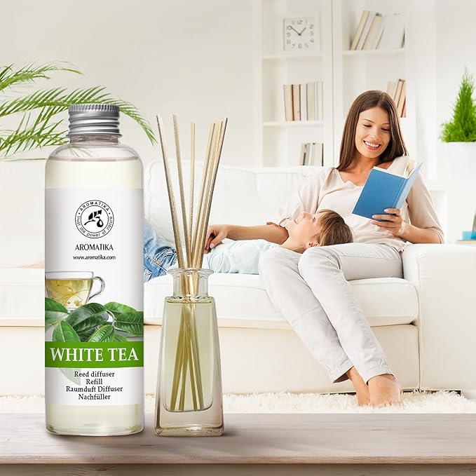 Refill Reed Diffuser White Tea 6.8 Fl Oz (200 ml) - with White Tea Essential Oil - Good Mood - Home Fragrance - Warm Scent - Air Freshener for Bathroom Bedroom Kitchen - Aromatherapy - Nice Smell