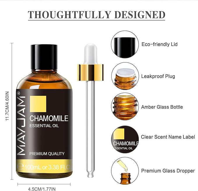 Chamomile Essential Oil(100ml) - MAYJAM 3.38fl.oz Pure Essential Oils - Use in Aromatherapy, Massage Blend & Diffusers - Chamomile Oil