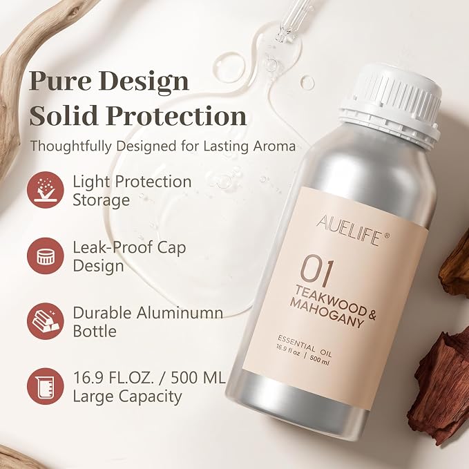Auelife 16.9oz (500 ml) Teakwood & Mahogany Essential Oils for Diffusers for Home, Large Aluminum Bottle Fragrance Oil for Candle & Soap Making, Aromatherapy Oil for DIY Scents & Home Fragrance
