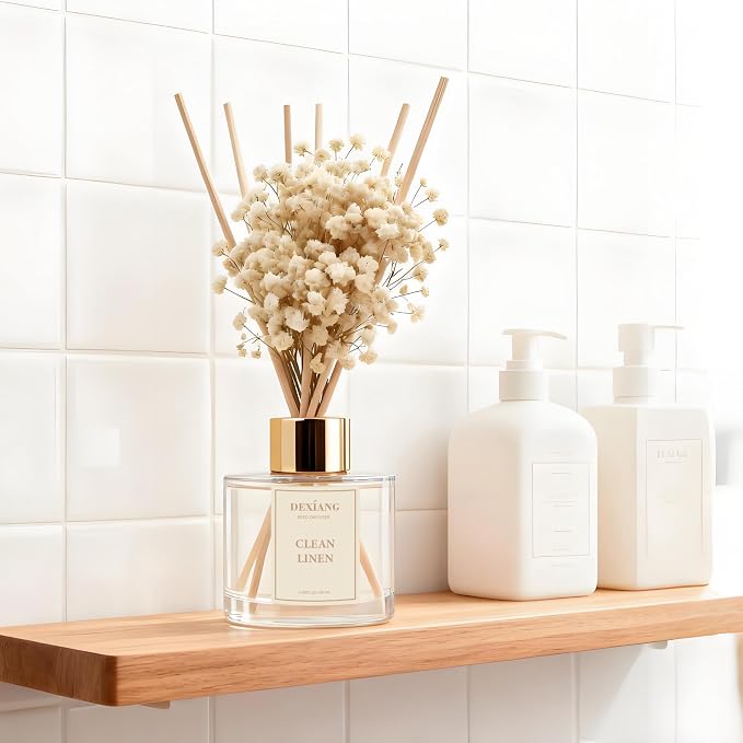 Reed Diffuser Set - 3.38 fl Oz Clean Linen Scent Aromatherapy Oil with Preserved Baby's Breath & Cotton Sticks | Home Fragrance for Bedroom, Bathroom, Living Room | Gift Ready Decor