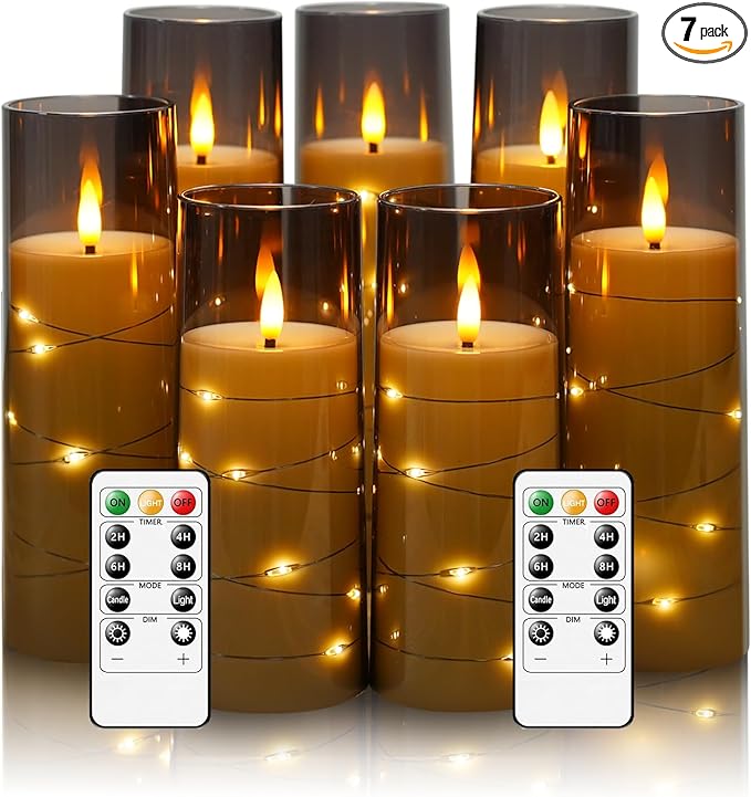 Eebuss Flameless Candles with Embedded Star String, Battery Operated LED Pillar Candles with Timer and Remote Control,Home Decorating for Ambiance， Set of 7(Grey)