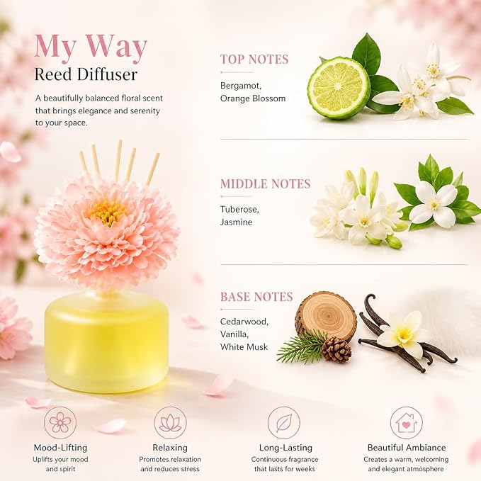 Reed Diffuser for Home – Inspired by My Way Fragrance – 3.38 Fl Oz – Includes Sakura Cherry Blossom Decorative Flower – Long Lasting Fragrance – Room Freshener for Bedroom, Bathroom, Office