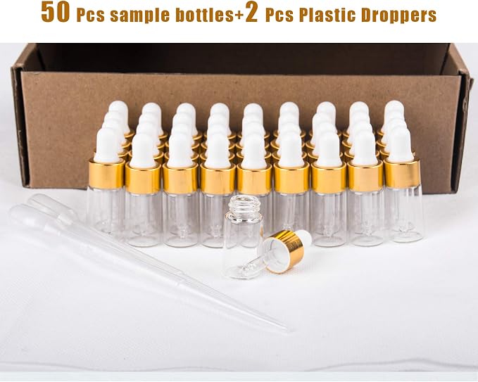 Sample Dropper Bottles, Mini Dropper Bottles with 2 Pcs Plastic Droppers for Traveling Essential Oils DIY Cosmetic Liquid Sample Perfume (Gold, 3ML)