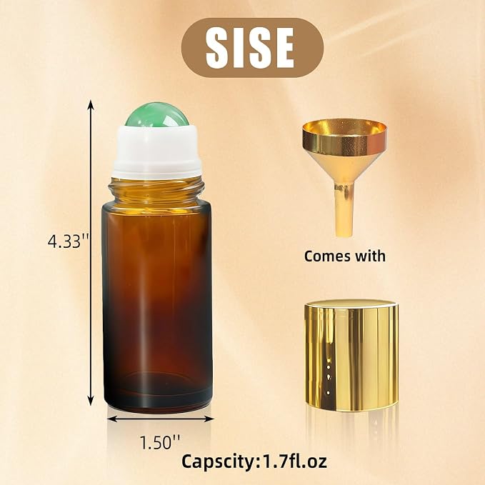 Green Aventurine Roller Bottles for Essential Oils, 50ml Refillable Amber Glass Roll On Bottles with Natural Crystal Roller Balls, Leak-Proof Travel Perfume Bottle with Gold Caps