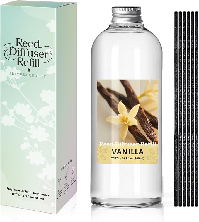 SCENTORINI Reed Diffuser Oil Refill, 16.9oz Vanilla Scented Essential Oil with 6 Sticks, Long Lasting Summer Home Fragrance for Large Space, Bathroom, Spa Room Aromatherapy, Hotel, Office Decor